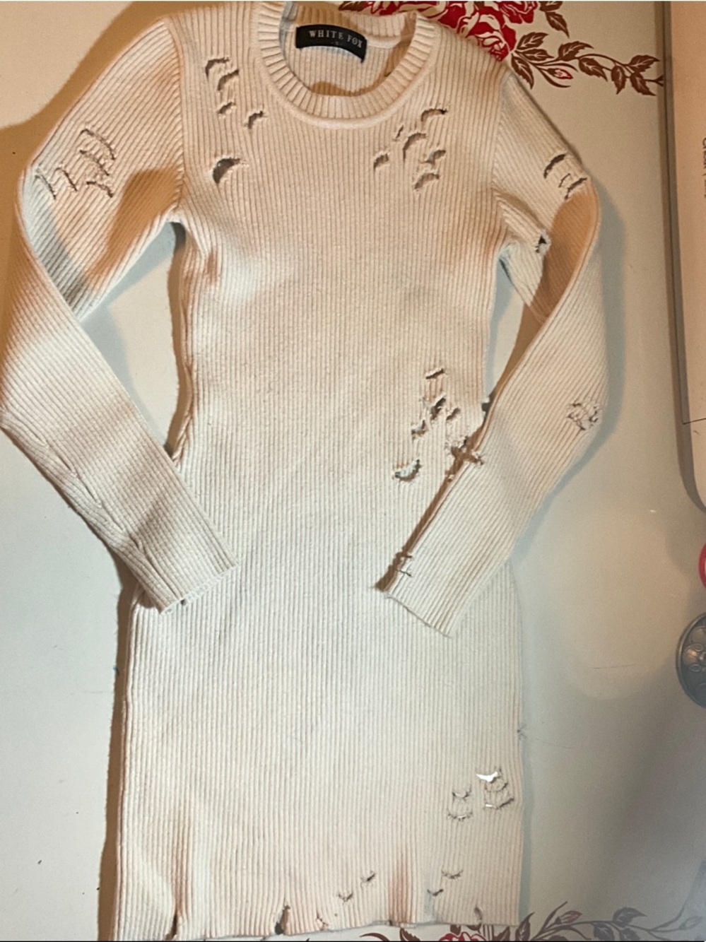 White Fox Boutique Cream Distressed Ribbed Long Sleeve Dress